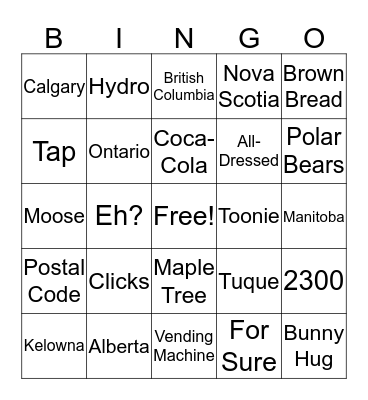 Canada Team Bingo Card