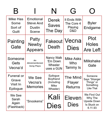 Stranger Things Finale Bingo Card