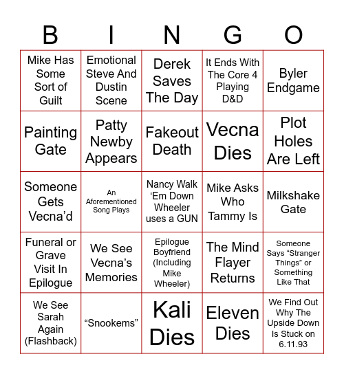 Stranger Things Finale Bingo Card
