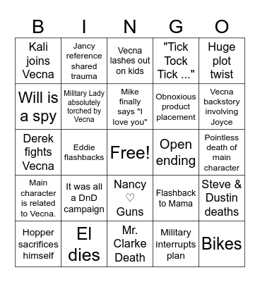 Stranger Things Finale Bingo Card
