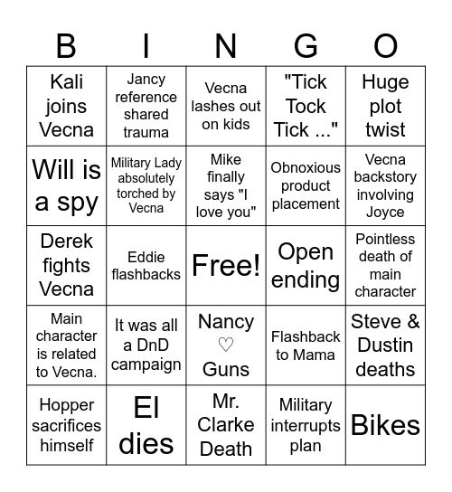 Stranger Things Finale Bingo Card