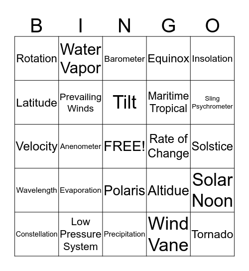 Earth Science Bingo!  Bingo Card