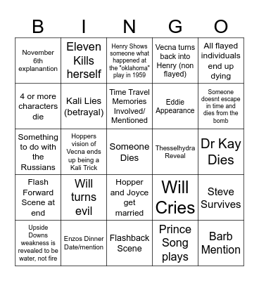 Stranger Things Finale Bingo Card