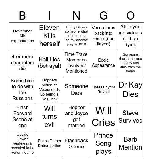 Stranger Things Finale Bingo Card