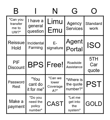 Safeco Bingo Card