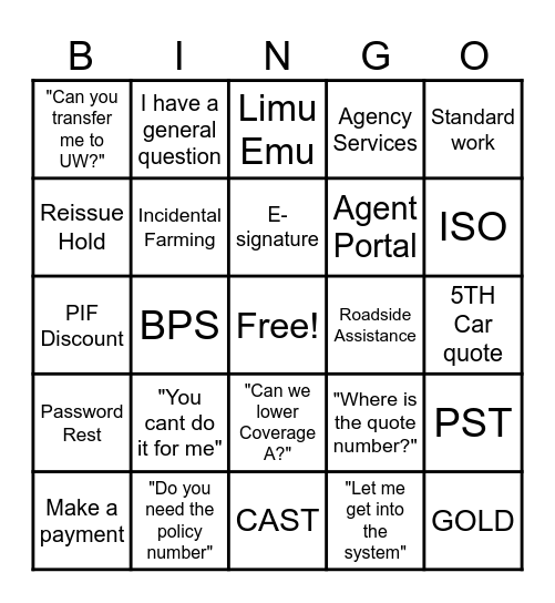 Safeco Bingo Card