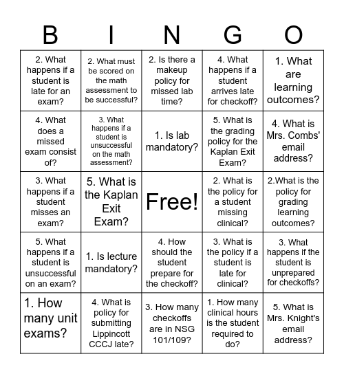 NSG 101/109 - Syllabus Bingo Card