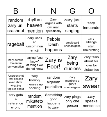 Zary's 2026 Bingo Card