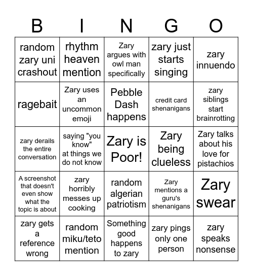 Zary's 2026 Bingo Card