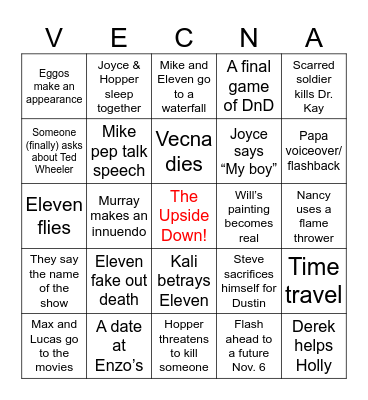 Stranger Things Finale Bingo Card