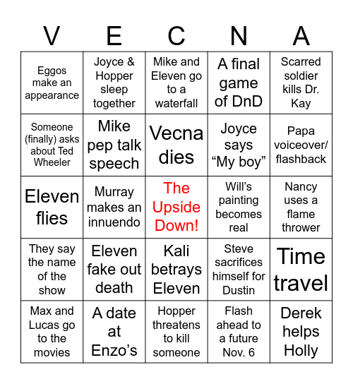 Stranger Things Finale Bingo Card