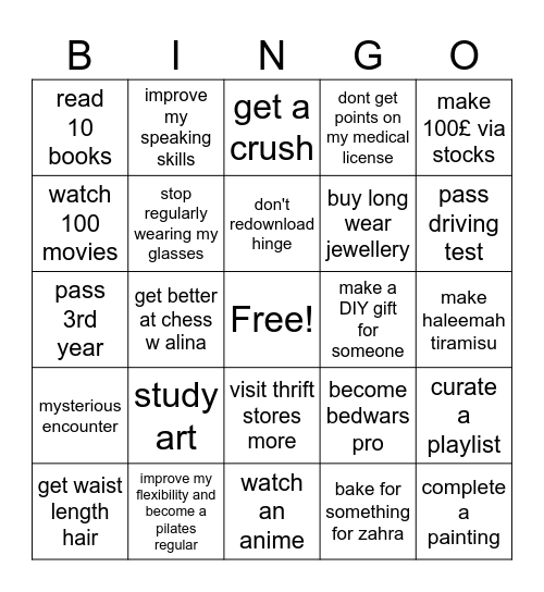 ayesha's 2026 bingo Card