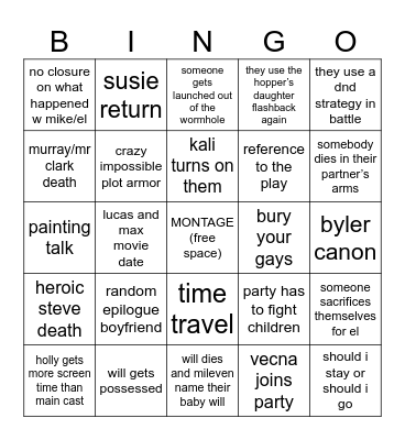 stranger things finale bingo Card