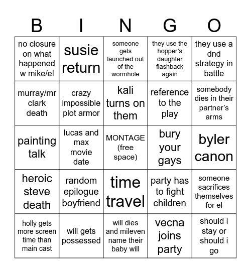 stranger things finale bingo Card