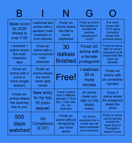 SAL 2026 Anime Bingo Card