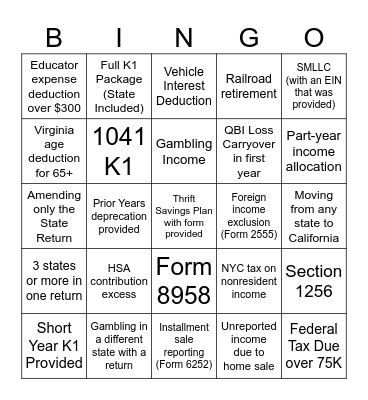 Tax Prep Bingo Card