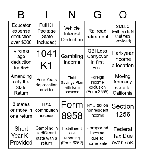 Tax Prep Bingo Card