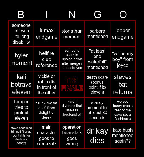 STRANGER THINGS Bingo Card