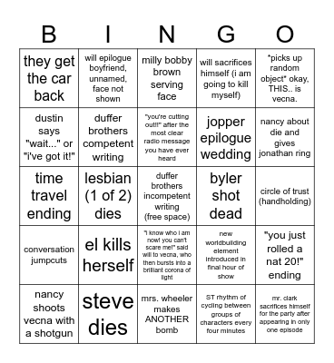 Stranger Things Finale Bingo Card
