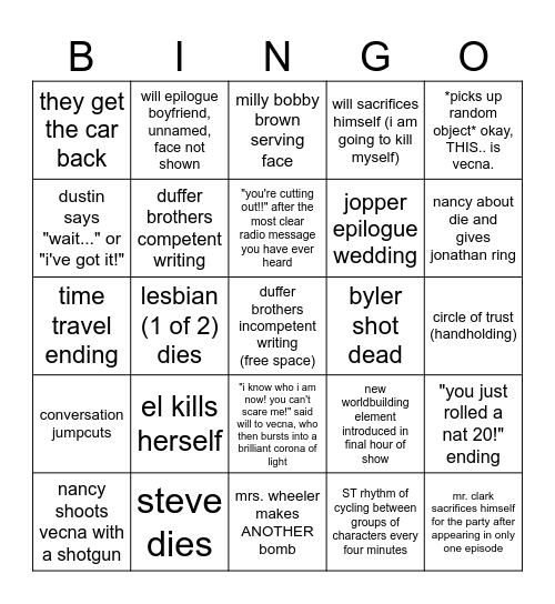 Stranger Things Finale Bingo Card