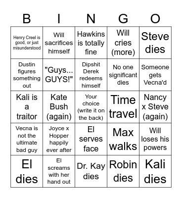 Stranger Things Finale Bingo Card