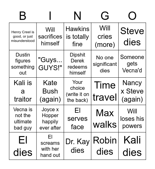 Stranger Things Finale Bingo Card