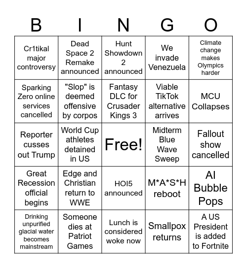2026 Bingo Card Bingo Card