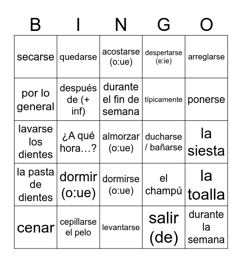Rutinas Bingo Card