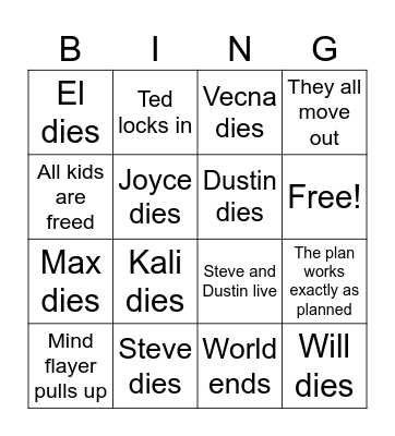 Stranger things finale Bingo Card