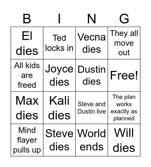 Stranger things finale Bingo Card
