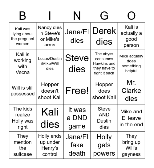 Stranger Things Final Volume Bingo Card