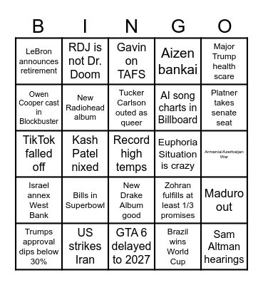 2026 Predictions Bingo Card