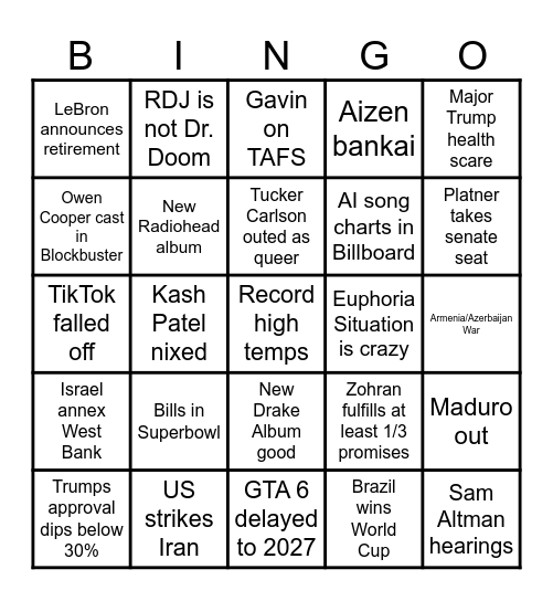 2026 Predictions Bingo Card