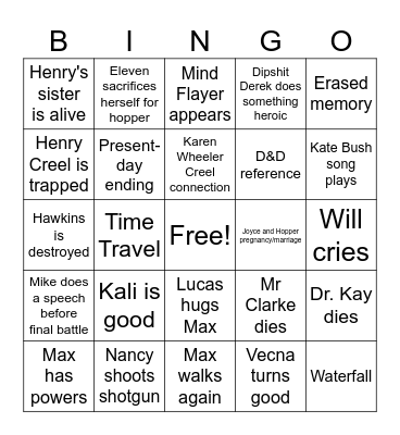 Stranger Things Finale Bingo Card