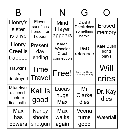 Stranger Things Finale Bingo Card