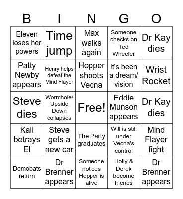 Stranger Things Finale Bingo Card