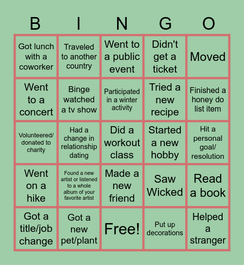 A Year in Review Bingo Card