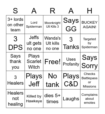 Marvel Rivals Bingo Card