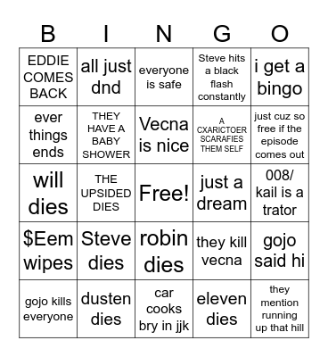 STANGER THINGS Bingo Card