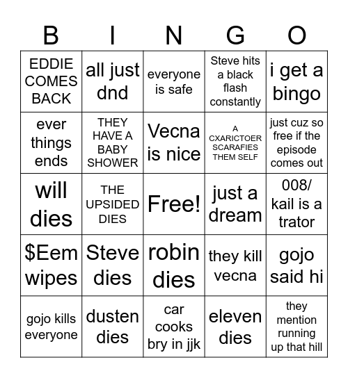 STANGER THINGS Bingo Card
