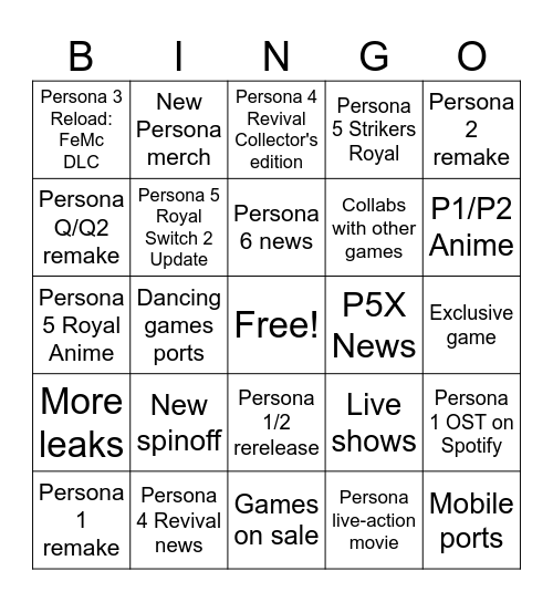 Persona 30th Anniversary Bingo Card