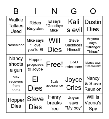 Stranger Things Finale Bingo Card