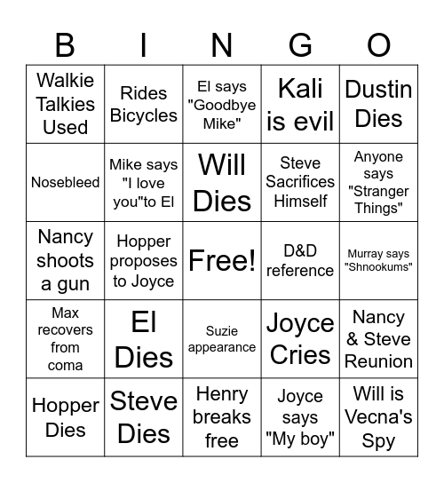 Stranger Things Finale Bingo Card