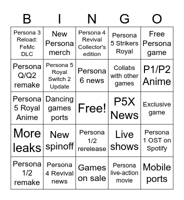 Persona 30th Anniversary Bingo Card
