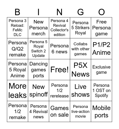 Persona 30th Anniversary Bingo Card