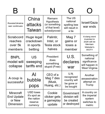 2026 Bingo Card Bingo Card