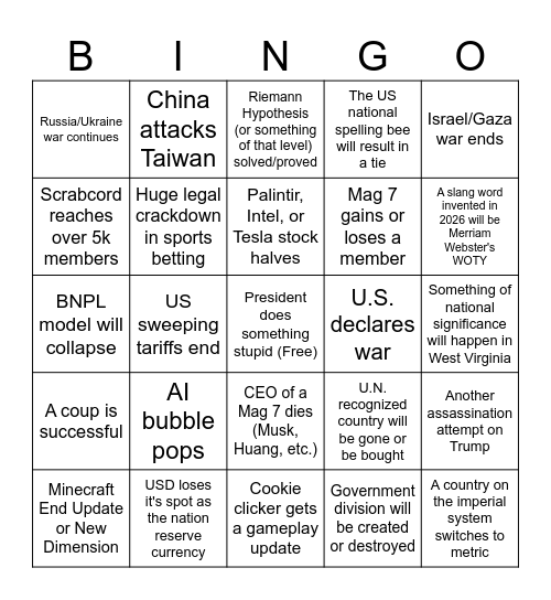 2026 Bingo Card Bingo Card