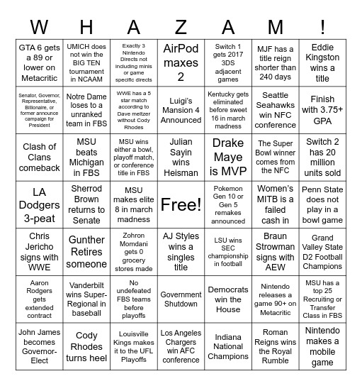 Whazam! 2026 Bingo Card