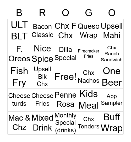 Brothers Bar & Grill Bingo Card