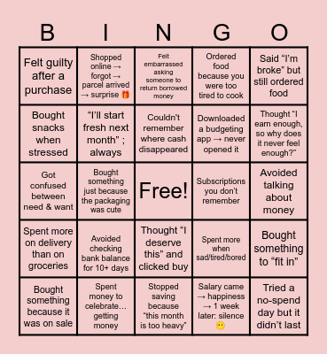 Financial Wellbeing Bingo Card